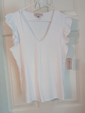 Philosophy White V-Neck Ruffle Sleeve Tank Top